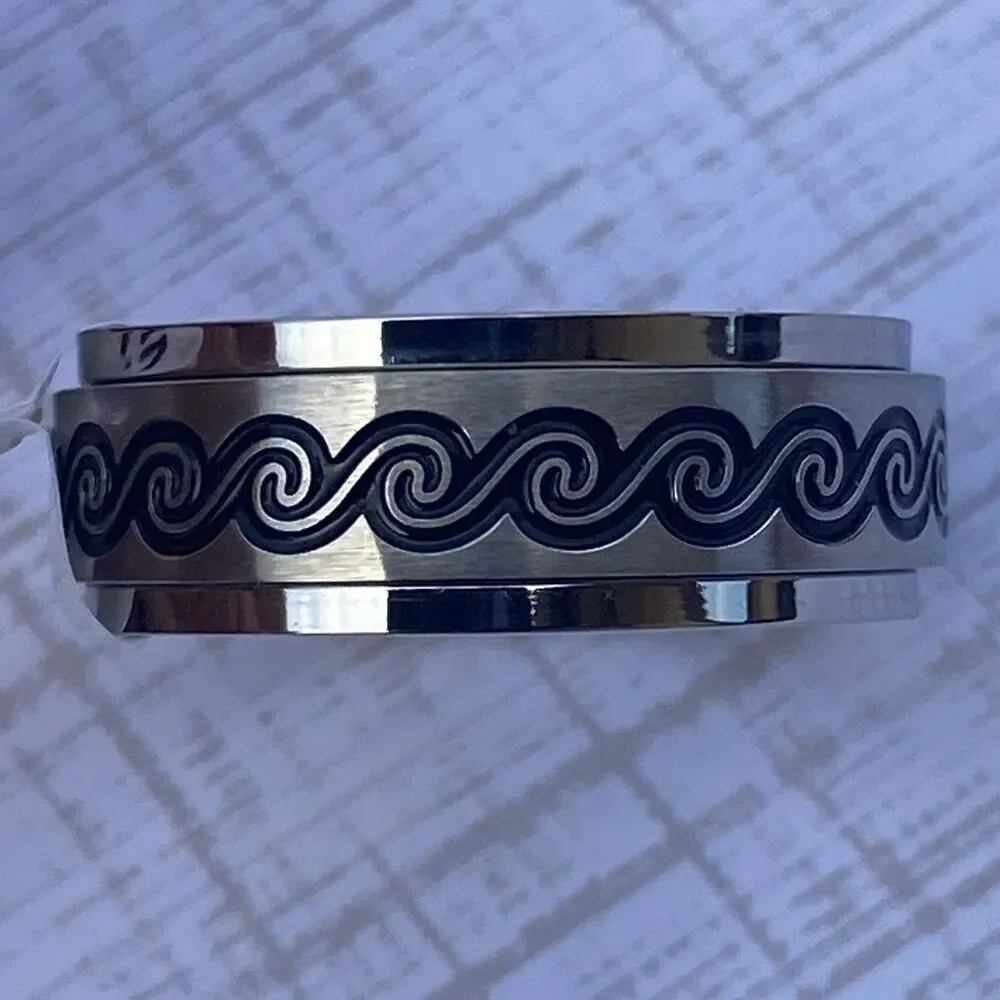 Men’s Spinner Ring Size 10 Stainless Steel Fidget Band Black Wave Design